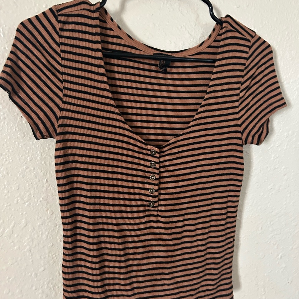 Forever 21 Striped Short Sleeve Top - Black and Brown